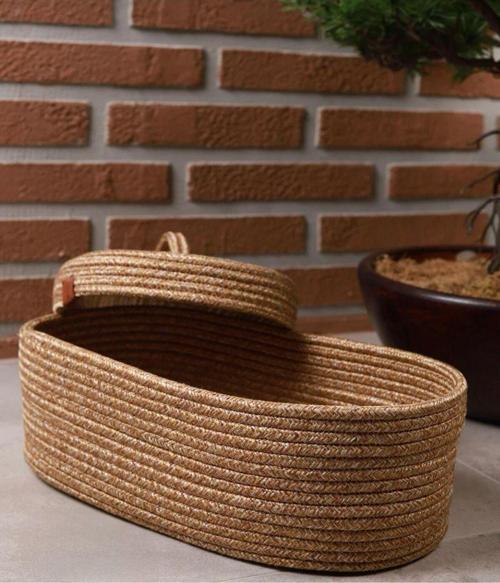 Jüt Hasır Sepet Oval Kapaklı Organizer 30x20