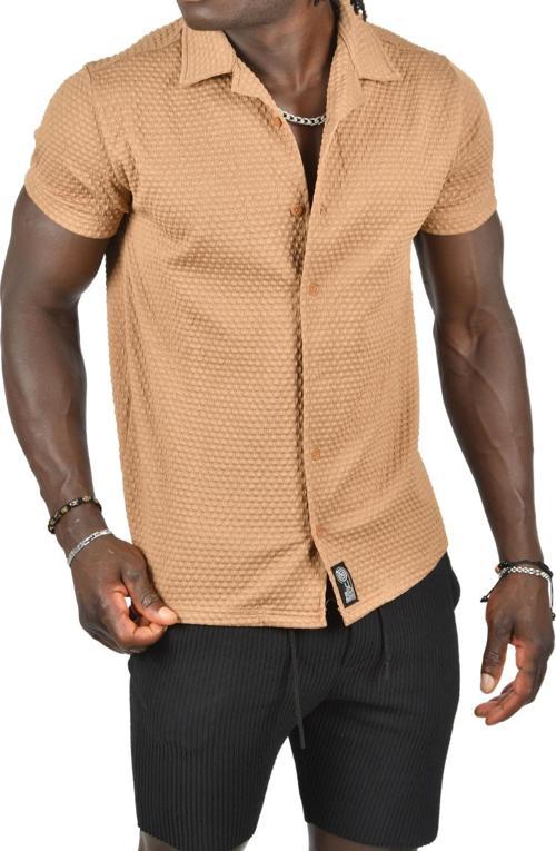 Erkek Bej Kabartma Nokta Desenli Slim Fit Likralı Kısa Kollu Penye Gömlek 2403223