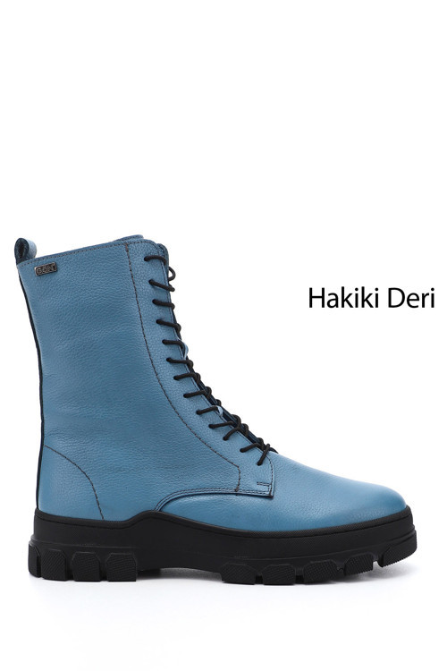 Kadın Mavi Floter Fermuarlı Kauçuk Taban Hakiki Deri Postal Bot