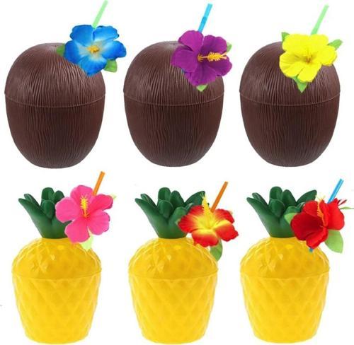 Ananas & Hindistan Cevizi Tasarımlı Pipetli Bardak Seti (6 Adet)