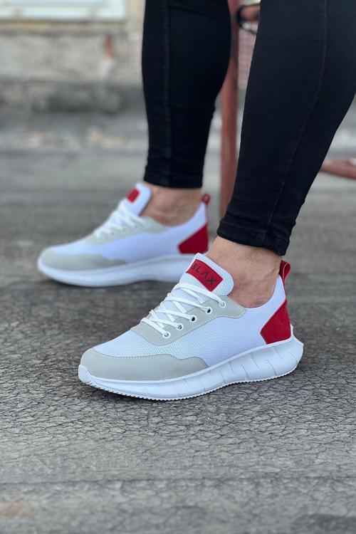 HS063 Beyaz Kırmızı Triko Erkek Spor Ayakkabı