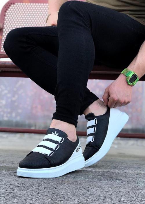 HS029 Siyah Beyaz Kalın Taban Casual Erkek Ayakkabı