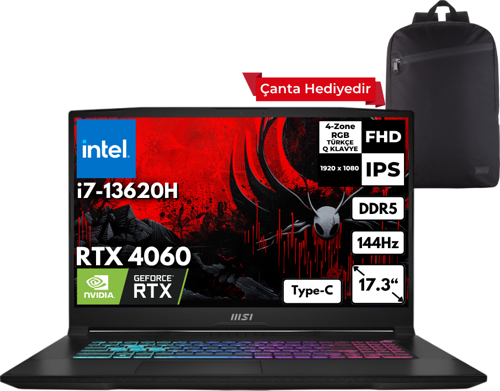 KATANA 17 i7-13620H 32-GBDDR5 4 TBSSD RTX4060 (8GB-105W) 17.3" FHD 144Hz Freedos + Sırt Çantası B13VFK-1037XTRHMF10