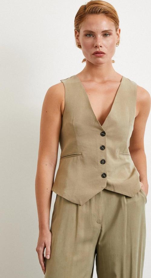 Cep Kapaklı Keten Yelek Haki