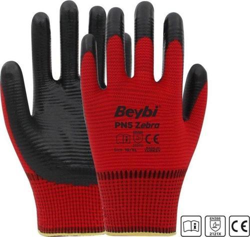 Pn5 Zebra Polyester Örme Nitril Eldiven Numara 10 kırmızı