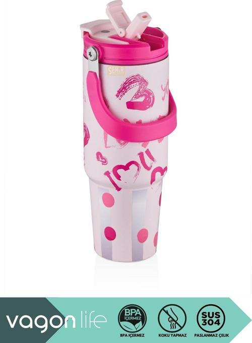 900Ml Desenli Pipetli/Pipetsiz Çift İçim Kulplu Kahve Bardağı/Mug Paslanmaz Çelik Termos Pudra-Pembe