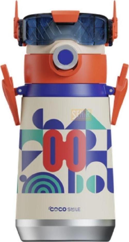 Cocosmile 500Ml Yeni Koleksiyon Robot Temalı Pipetli Askılı Çelik Termos Çocuk Matarası Beyaz