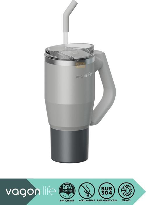 Tumbler 950Ml Yeni Koleksiyon Pipetli/Pipetsiz Kullanım Fonksiyonel Kulplu Paslanmaz Çelik Termos Gri