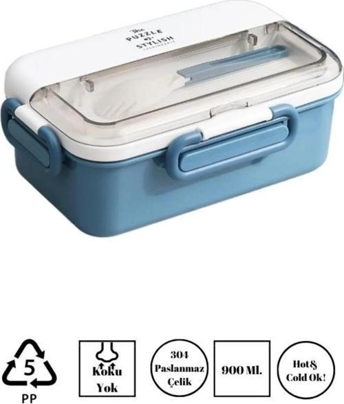 The Puzzle Lunch Box Tek Katlı Paslanmaz Çelik Kolay Kilitlenir Sefer Tası – 900 Ml Mavi