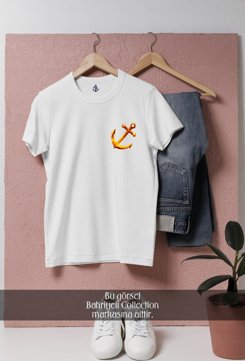 Oversize Gold Yatay Çıpa - Çapa Cep Tasarımlı Unisex T-Shirt