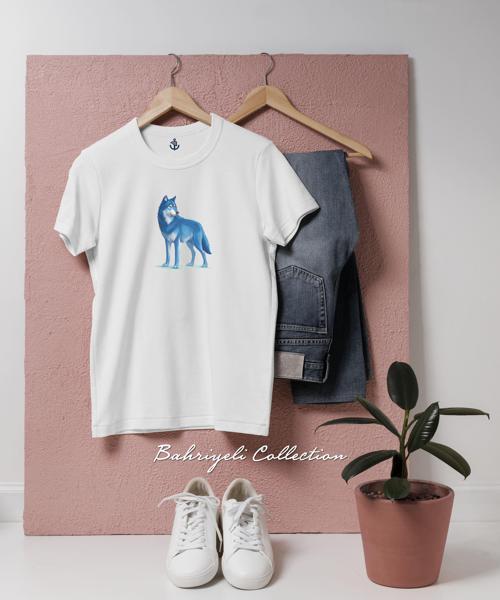Oversize Karikatür Tarzında Mavi Kurt Hayvan İllüstrasyonu Tasarımlı Unisex T-Shirt