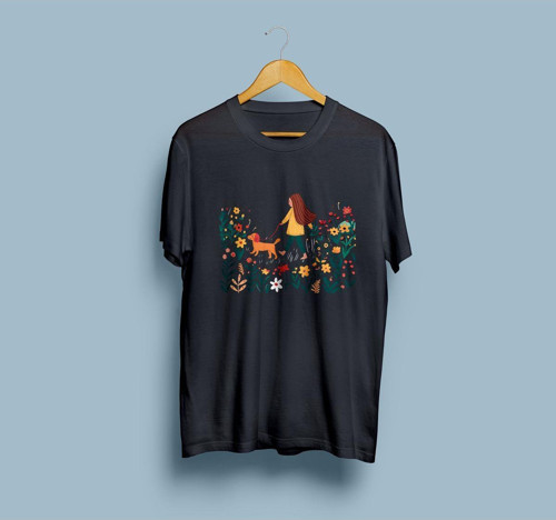 Oversize Çiçekler ve Köpeğini Gezdiren Kadın tasarım unisex T-shirt