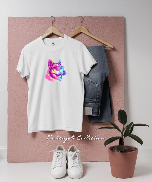 Oversize Neon Güneş Gözlüklü Şık Köpek Tasarımlı Unisex T-Shirt