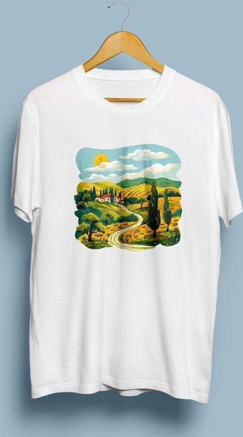 Oversize Ev / Ağaç / Güneş ve Yol çizim eskitme tasarım unisex T-shirt