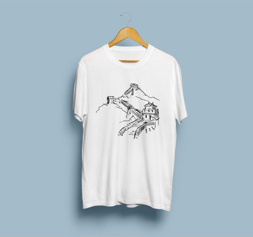 Oversize Çin Seddi Çizim Baskılı Unisex T-shirt