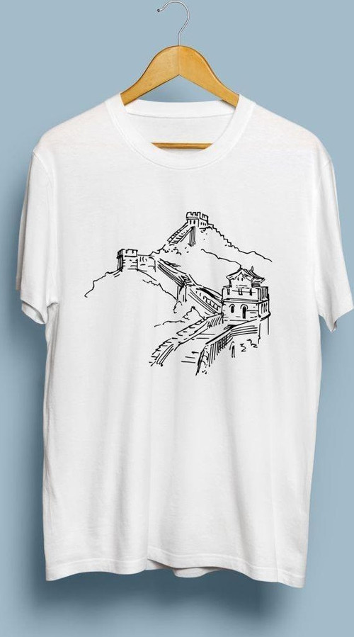 Oversize Çin Seddi Çizim Baskılı Unisex T-shirt
