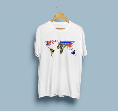 Oversize Bayraklı Dünya Haritası Baskılı Unisex T-shirt