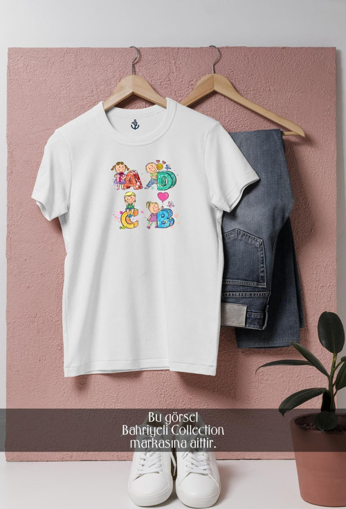 Oversize Alfabe Ve Çocuklar Tasarımlı Unisex T-Shirt