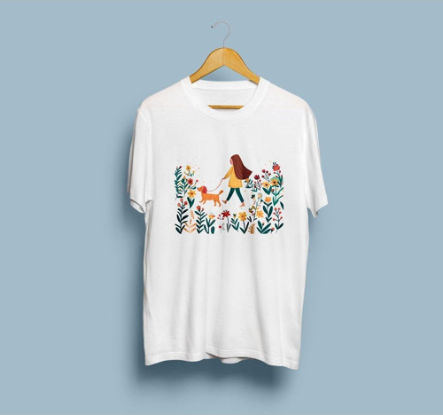 Oversize Çiçekler ve Köpeğini Gezdiren Kadın tasarım unisex T-shirt