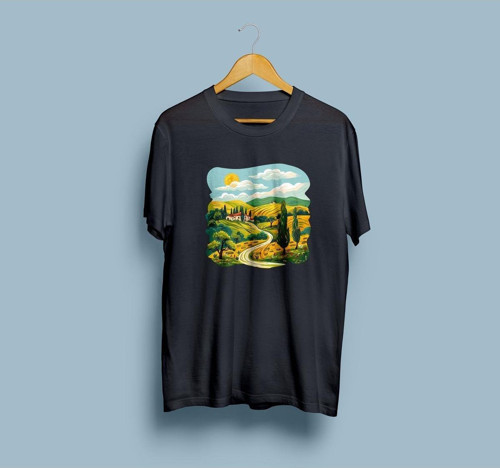 Oversize Ev / Ağaç / Güneş ve Yol çizim eskitme tasarım unisex T-shirt