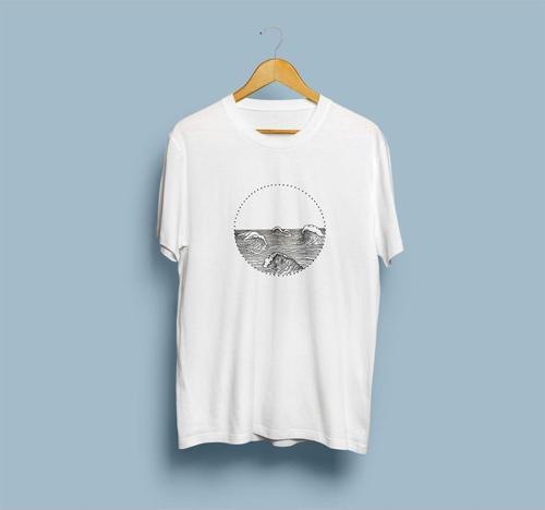 Oversize Siyah Beyaz Dalga Okyanus Çizim Tasarım Unisex T-shirt