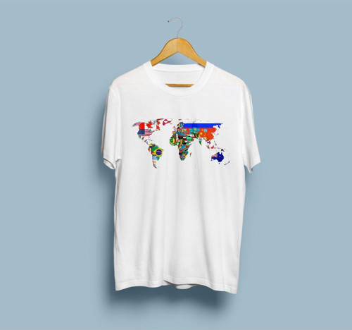 Oversize Bayraklı Dünya Haritası Baskılı Unisex T-shirt