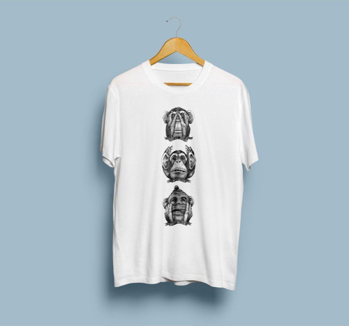 Oversize Siyah Beyaz Üç Maymun Tasarım Unisex T-shirt