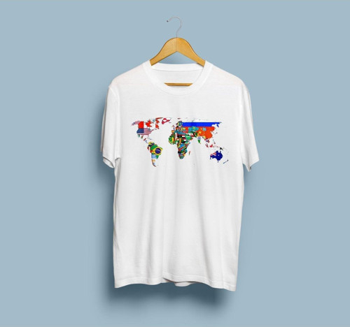 Oversize Bayraklı Dünya Haritası Baskılı Unisex T-shirt