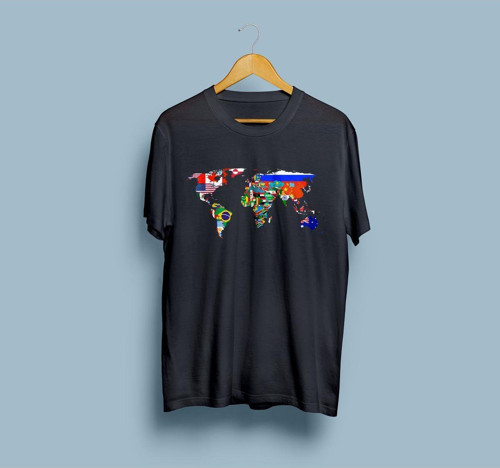 Oversize Bayraklı Dünya Haritası Baskılı Unisex T-shirt