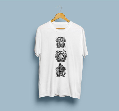 Oversize Siyah Beyaz Üç Maymun Tasarım Unisex T-shirt