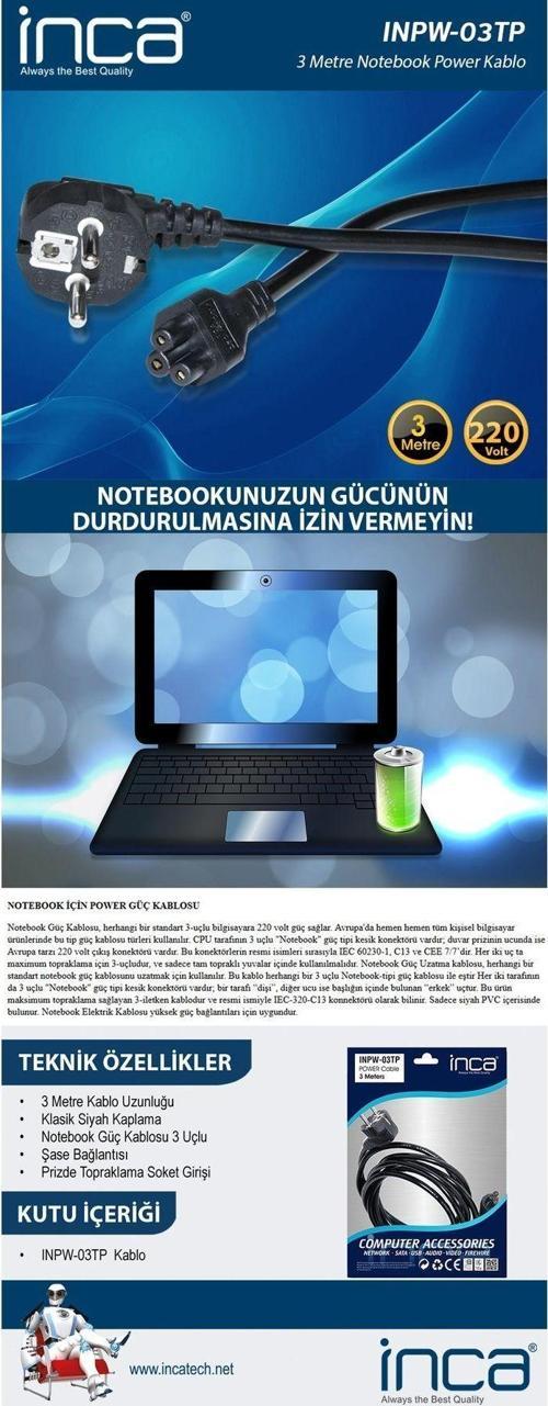 Inpw-03Tp 3Mt Notebook Power Kablosu