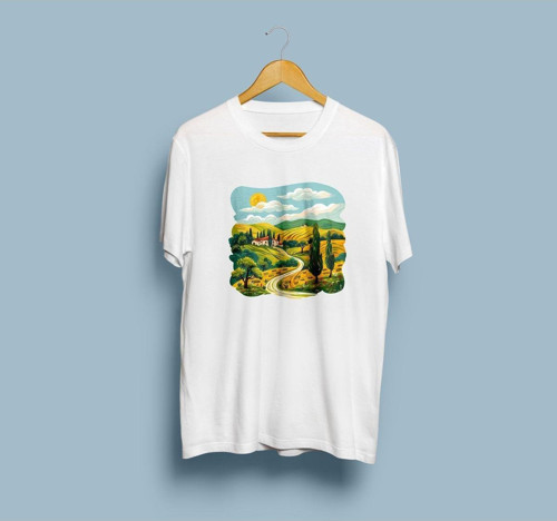 Oversize Ev / Ağaç / Güneş ve Yol çizim eskitme tasarım unisex T-shirt