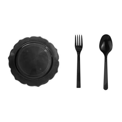 23 Cm. Siyah Sorfa Piknik Seti - Sert Mika Plastik - 48 Kişilik Tabak Çatal Kaşık Takımı