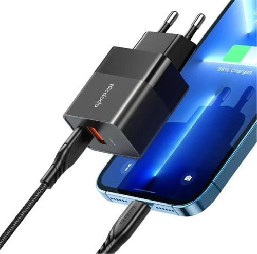 CH-1952 20W 1xType-C ve 1xUSB Girişli Şarj Adaptörü + Type-C To iPhone Kablo - Siyah