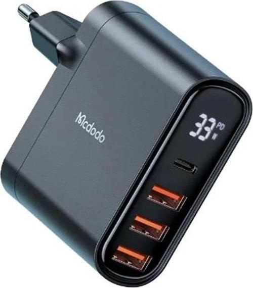 CH-2250 33W 1xTYPE-C 3xUSB Girişli Dijital Göstergeli Şarj Adaptörü - Siyah