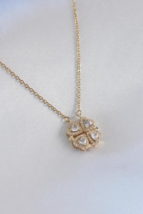 Açılır Yonca Model Zirkon Taşlı Gold Renk Kadın Kolye - BKO7229-ST
