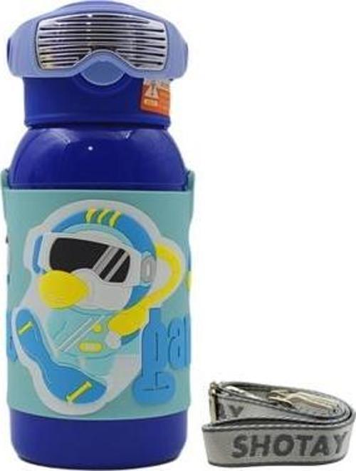 ST-8812 600ml Askılı Pipetli Mavi Çift Kapak Çelik Matara