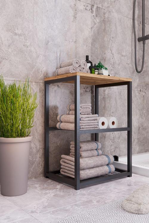Metal Ayaklı Dekoratif Tel Raflı Banyo Rafı