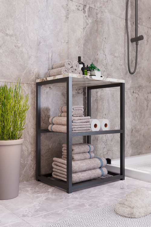 Metal Ayaklı Dekoratif Tel Raflı Banyo Rafı