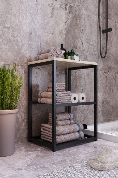 Metal Ayaklı Dekoratif Tel Raflı Banyo Rafı