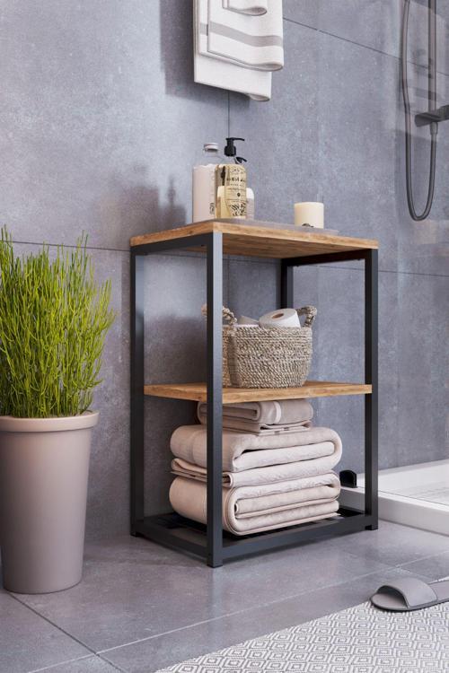 Metal Ayaklı Ve Ahşap Raflı Dekoratif Banyo Rafı