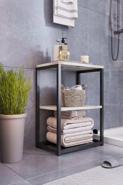 Metal Ayaklı Ve Ahşap Raflı Dekoratif Banyo Rafı