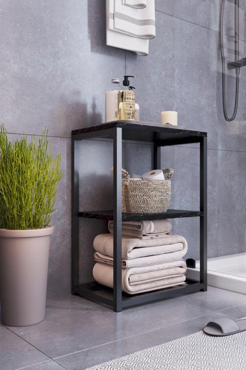 Metal Ayaklı Ve Ahşap Raflı Dekoratif Banyo Rafı