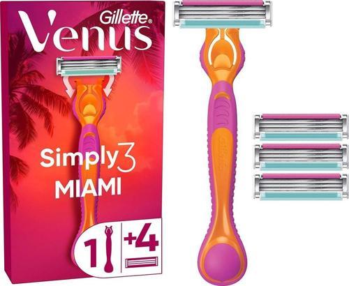 Gillette Simply Venus 3 Miami Tıraş Makinesi Gövdesi + 4 Bıçak