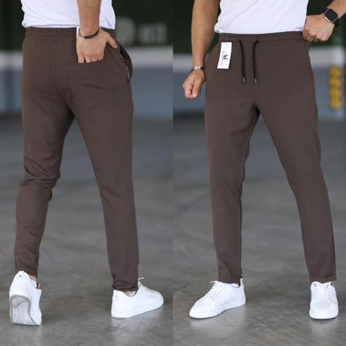 Erkek Kahverengi Slim Fit Rahat Kesim Beli Bağlamalı Yan Cepli Likralı Jogger Pantolon L