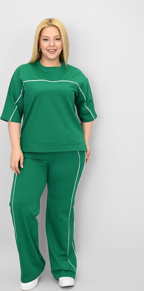 Kadın Büyük Beden Kısa Kollu Ara Biye Detaylı Bol Paça Eşofman Takımı 8189-25