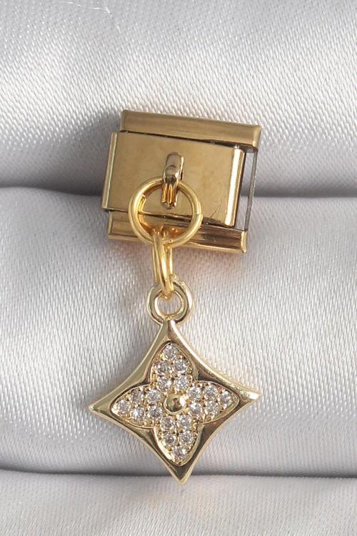 Çelik Gold Renk Sallantı Zirkon Taşlı Çiçek İşlemeli Nomination