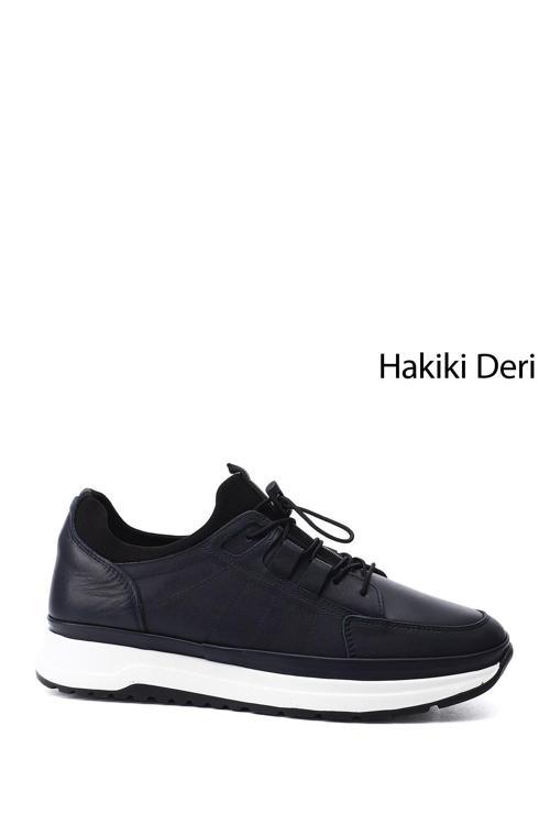 Erkek Lacivert Antik Likralı Lastik Bağcıklı Hakiki Deri Comfort Sneaker