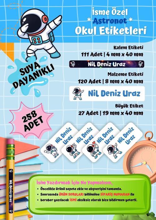 Uzay Astonot Temalı Kişiye Özel Suya Dayanıklı Okul Etiketi Seti - 258 Adet İsimli Etiket