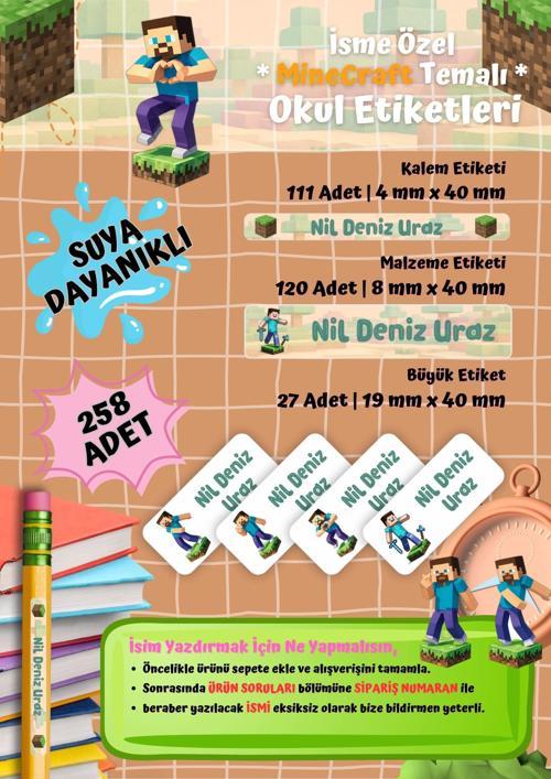 Minecraft Temalı Kişiye Özel Suya Dayanıklı Okul Etiketi Seti - 258 Adet İsimli Etiket